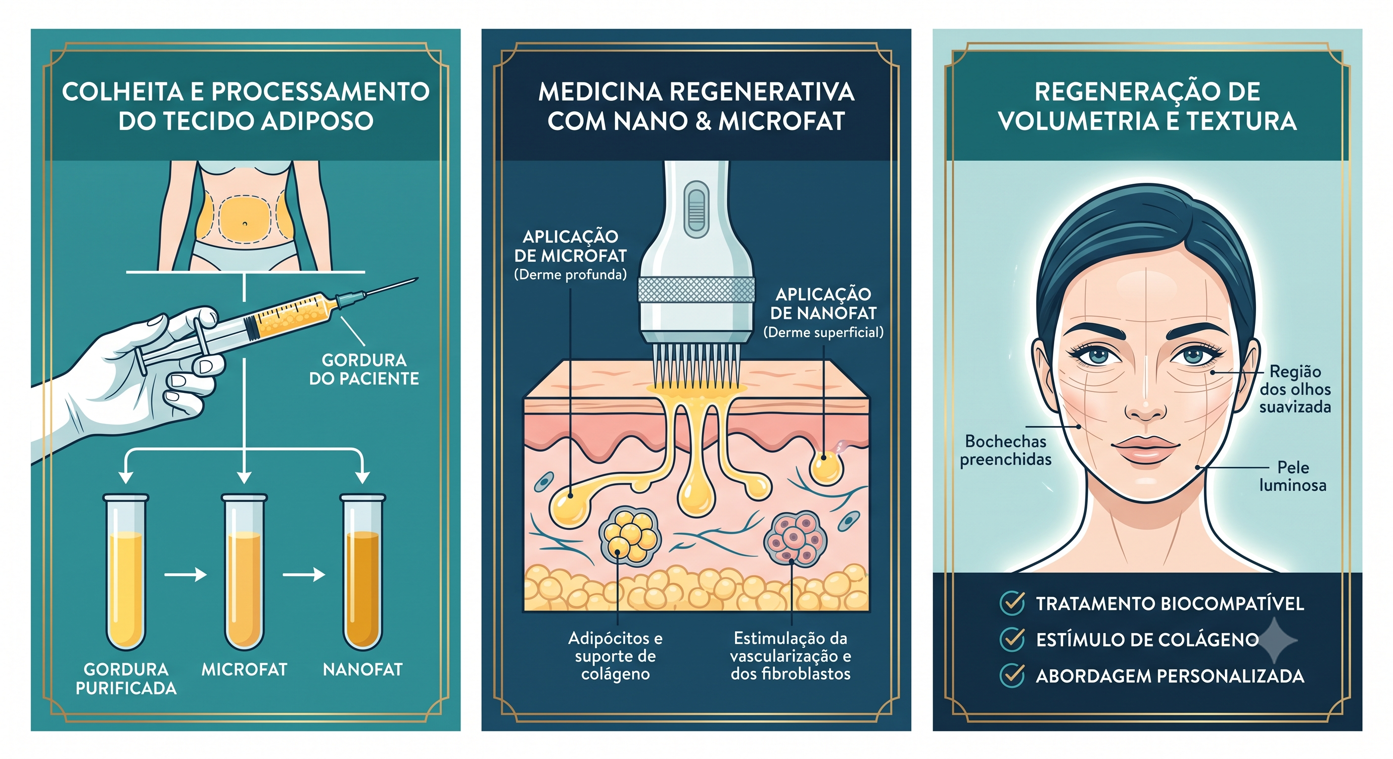 Infográfico do protocolo de medicina regenerativa: colheita e processamento do tecido adiposo, aplicação de microfat e nanofat com microagulhamento, e regeneração de volumetria e textura.